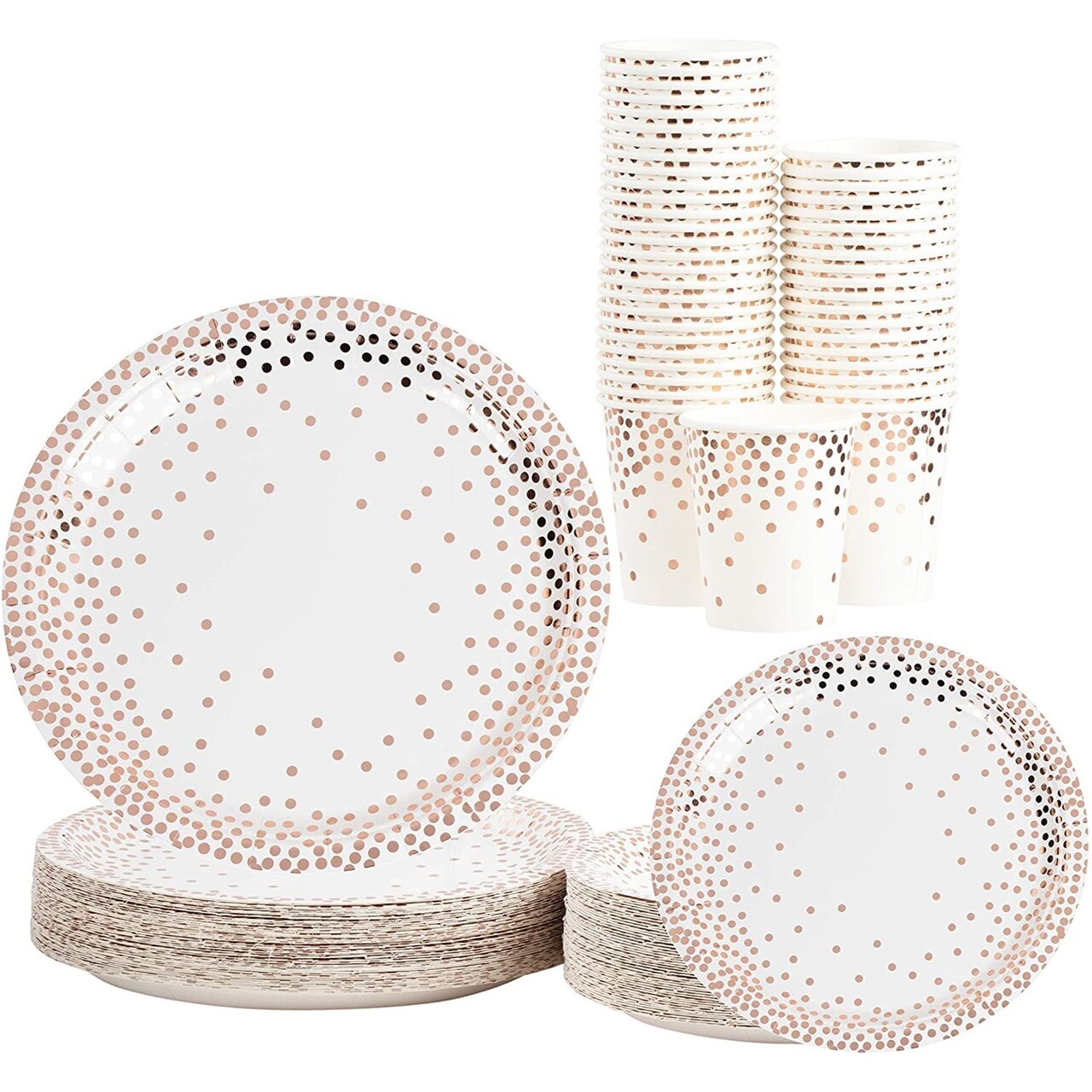 Disposable Dinnerware Set - Serves 50 - Party Supplies, Rose Gold Foil Polka Dot Design, Includes Dinner and Appetizer Paper Plates, Cups